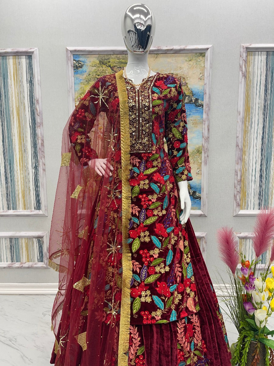 Launching New Designer Wedding Wear Look Velvet Top-Lehenga & Dupatta Set.