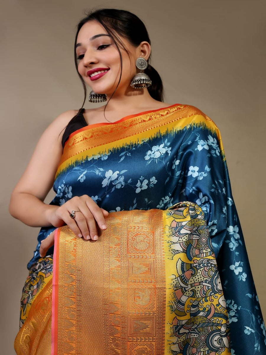 Pure kanchipuram 3D kalamkari prints all over the saree.