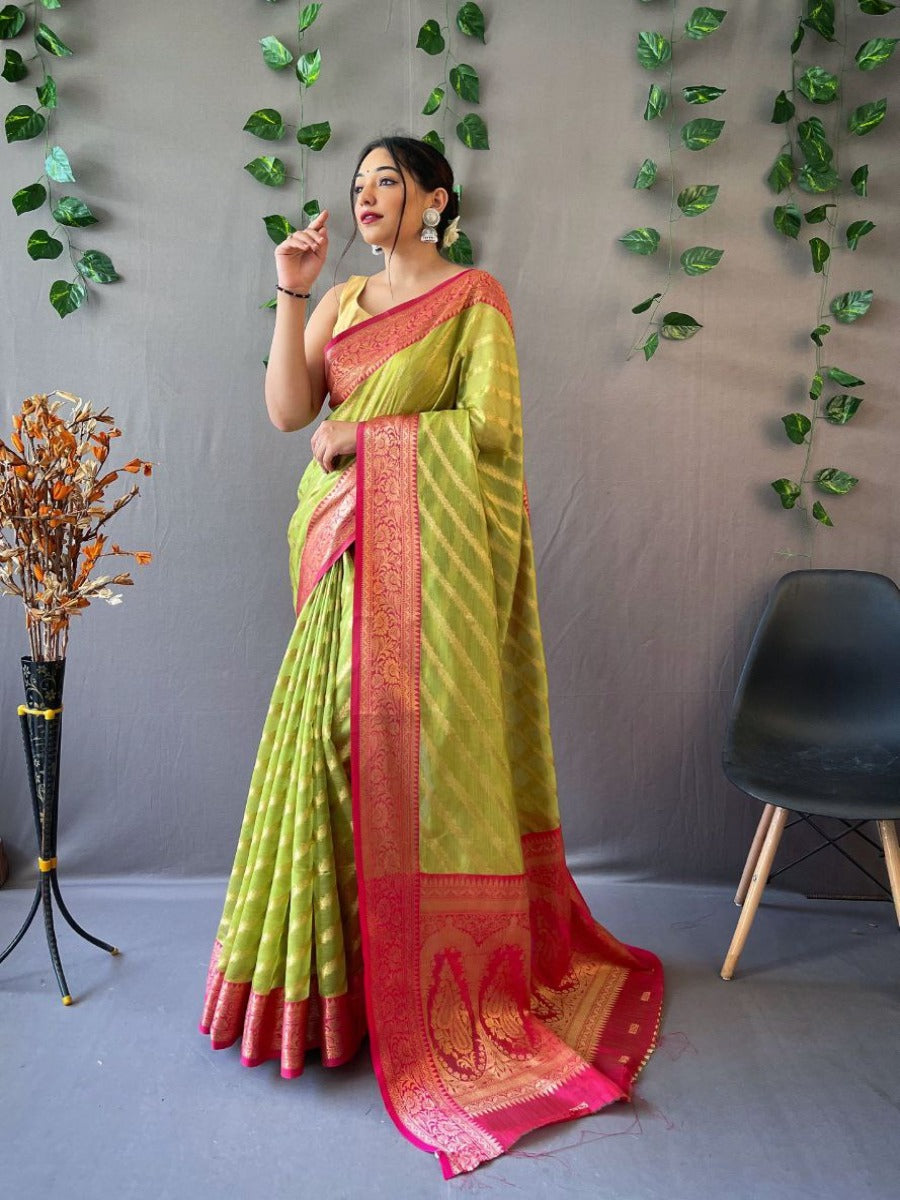 Trending pure organza weaved Leheriya saree with Jacquard border.