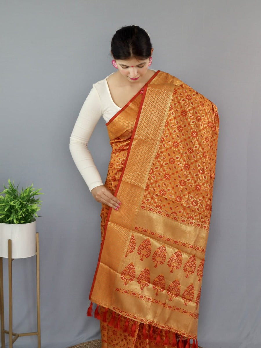 PURE PATOLA SILK SAREE WITH ALL OVER CONTRAST PATOLA WEAVED.