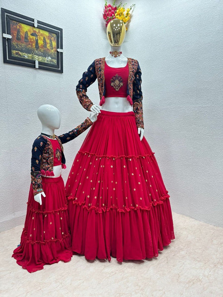 Launching New Designer Wedding Wear Look Trending Embroidered Work Lehenga Choli With Koti For Mom.