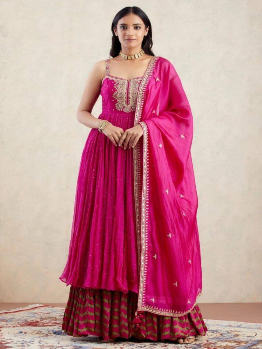 Pink Embroidery Sequence and Moti Work Gown With Sharara