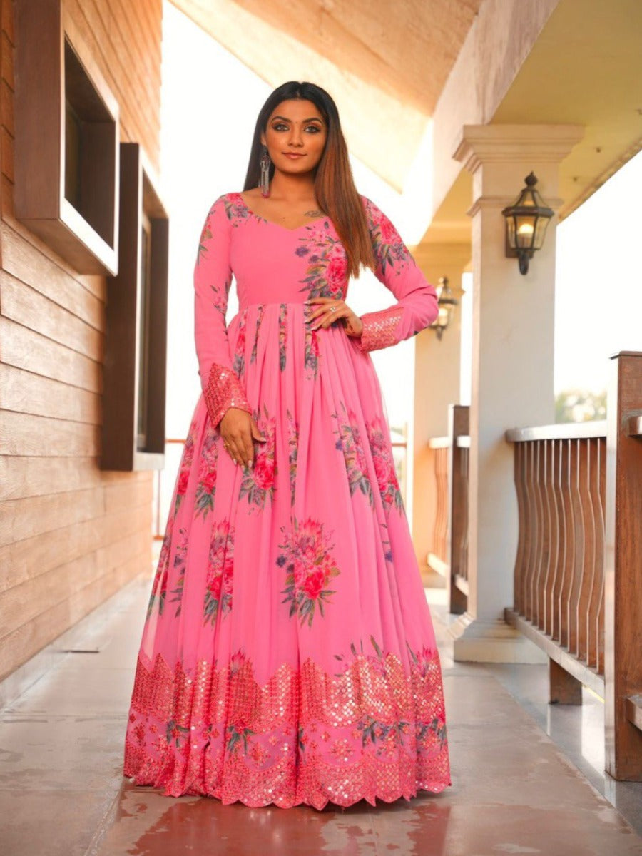 Pink Color Floral Printed Embroidery Work Gown