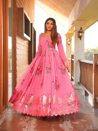 Pink Color Floral Printed Embroidery Work Gown