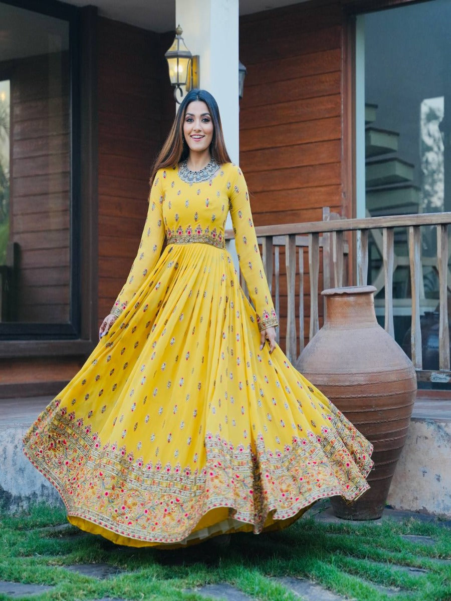 Launching Yellow Party Wear Look Heavy Georgette With Sequence Embroidery Work Gown