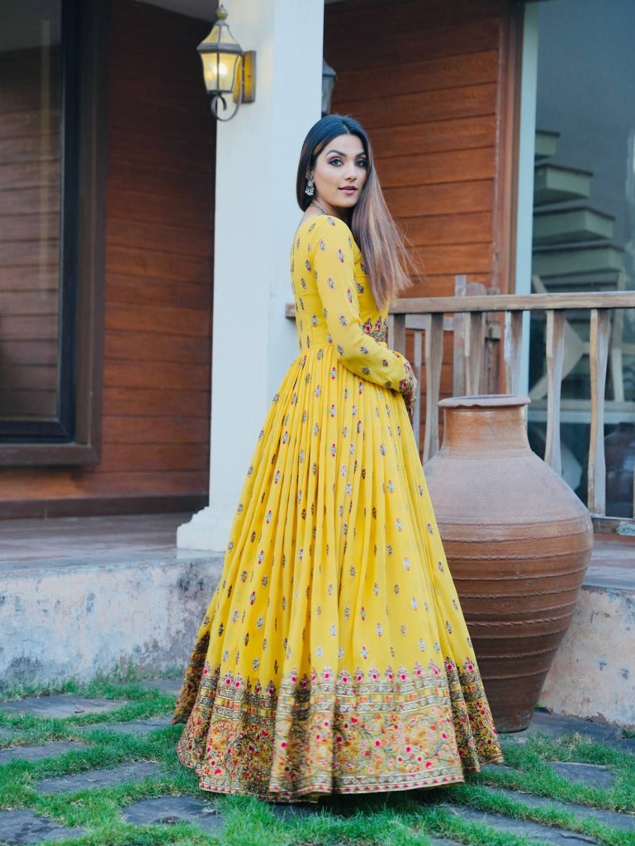 Launching Yellow Party Wear Look Heavy Georgette With Sequence Embroidery Work Gown