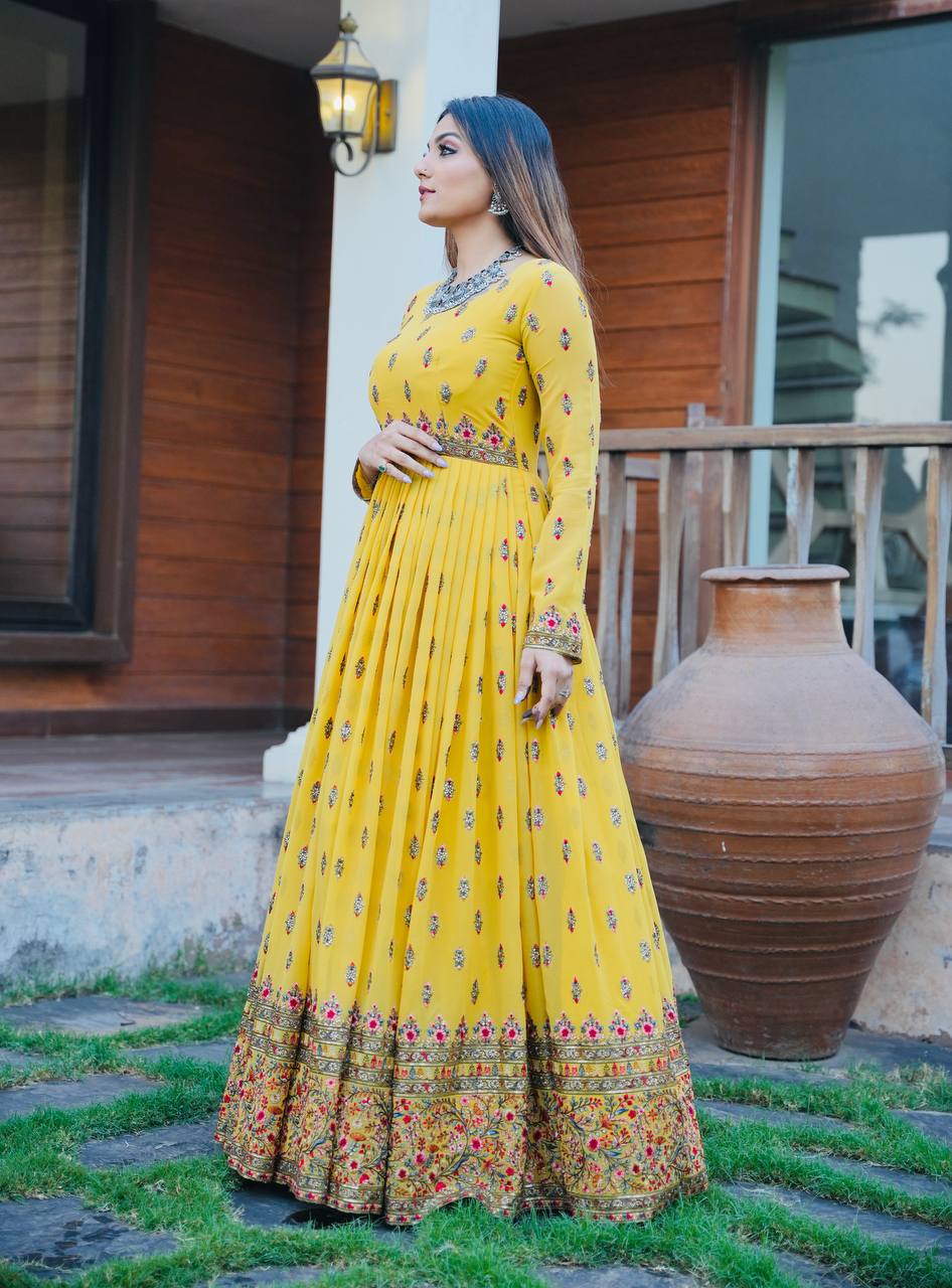 Launching Yellow Party Wear Look Heavy Georgette With Sequence Embroidery Work Gown