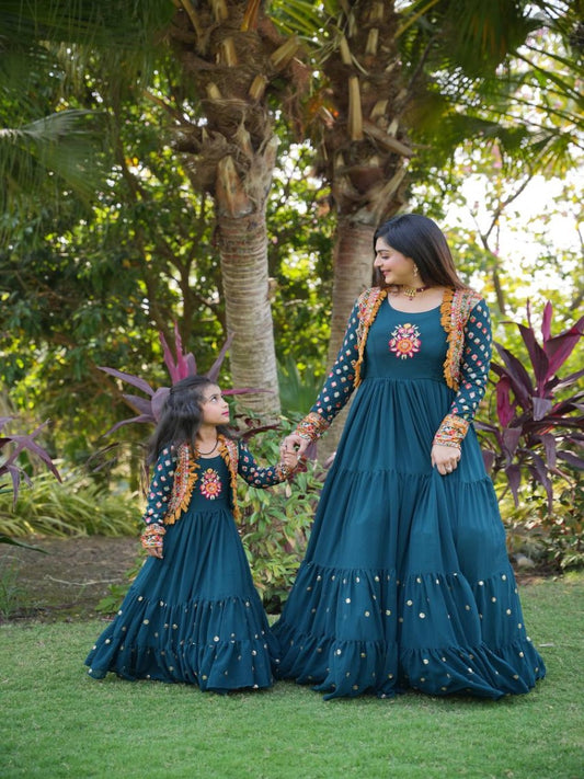 Trending Mom & Daughter Blue Embroidered Work Gown