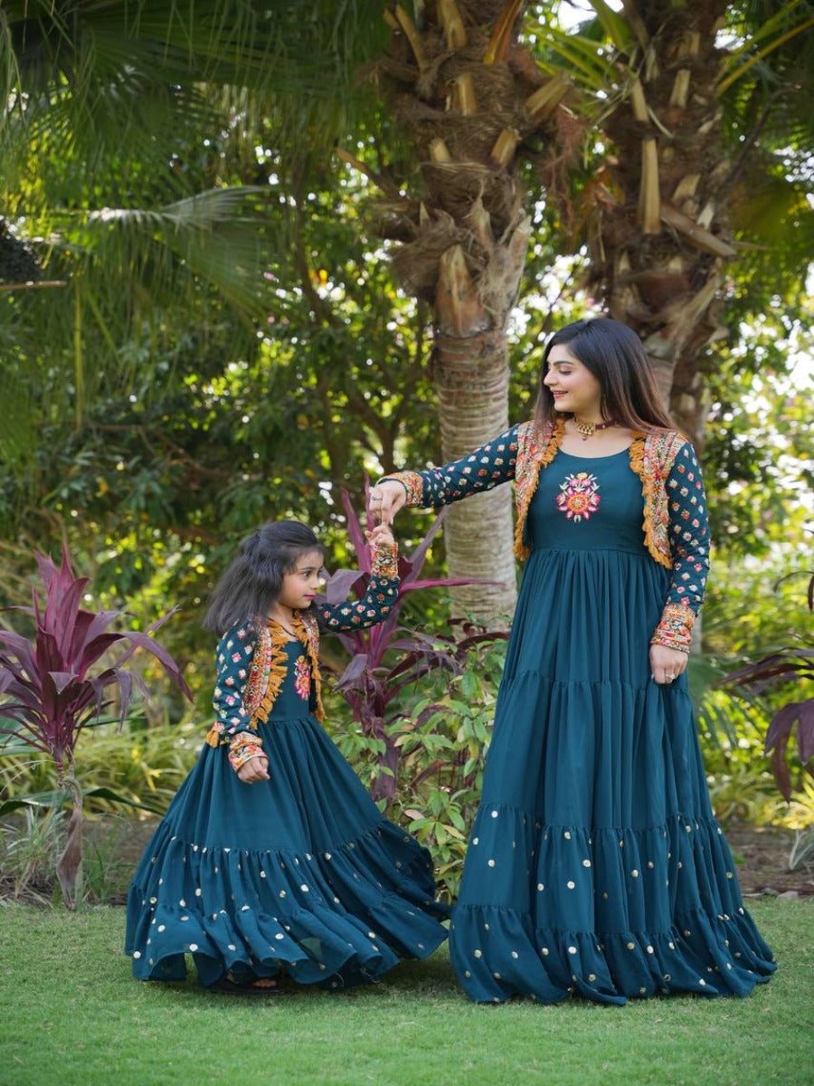 Trending Mom & Daughter Blue Embroidered Work Gown