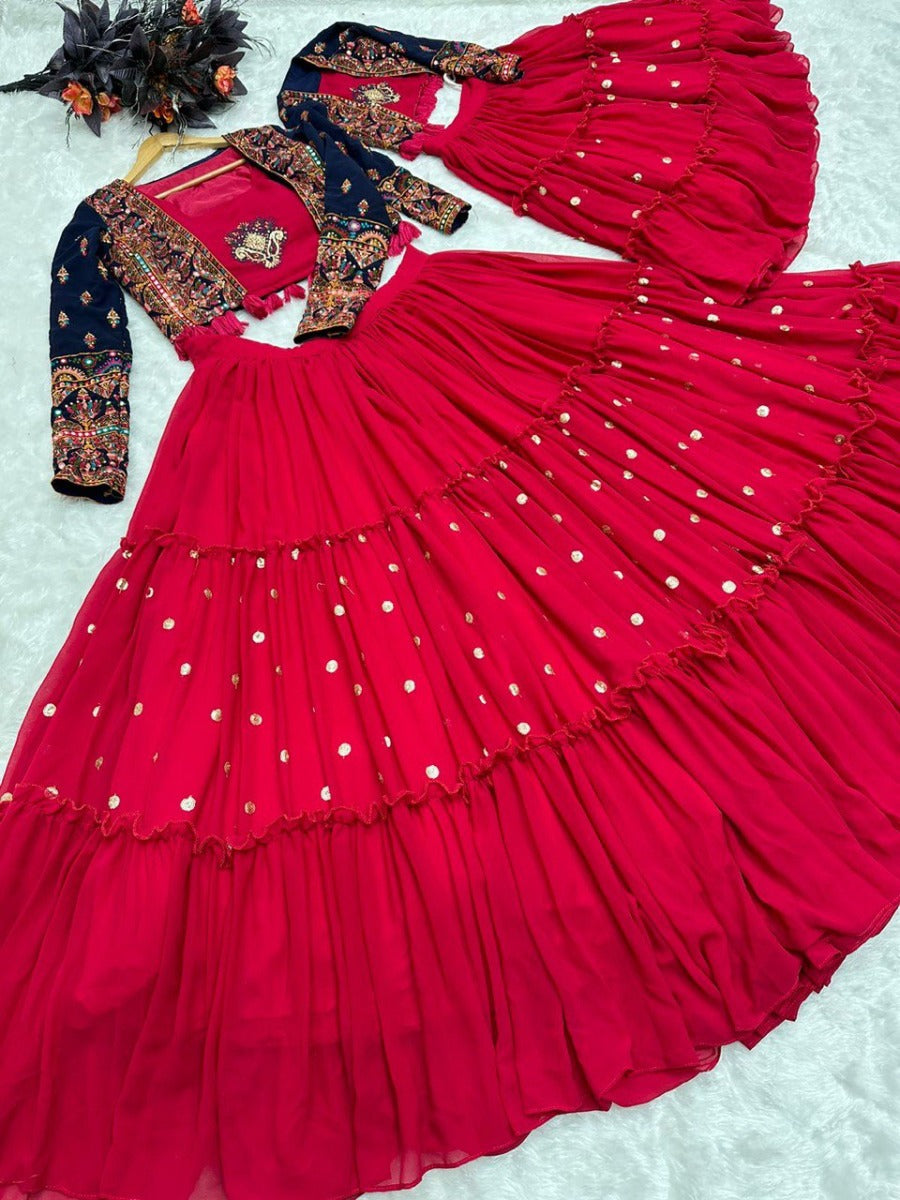 Launching New Designer Wedding Wear Look Trending Embroidered Work Lehenga Choli With Koti For Mom.