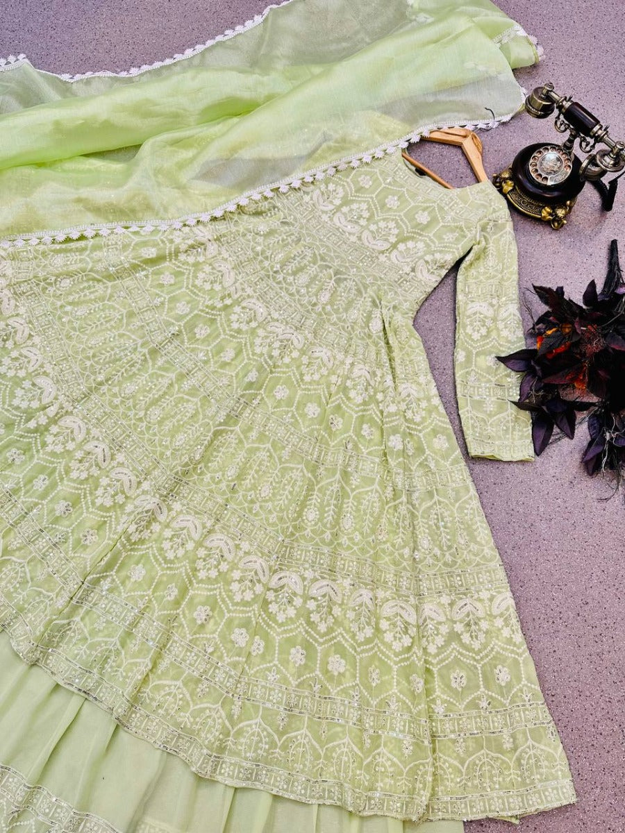 Launching Designer Wedding Wear Look Gorgette Siqunce Embroidery Work Top-Lehenga & Dupatta Set.